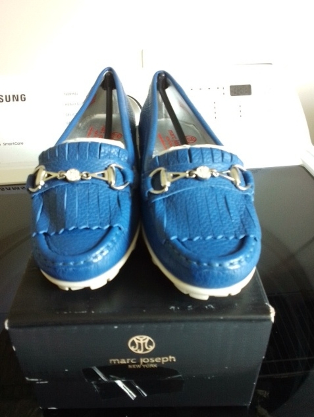 Marc Joseph Royal Blue Leather Kiltie Loafers with Metal Bit Women's